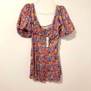 For Love and Lemons Sasha Mini Dress Ditsy Floral Puff Sleeve Ruched Womens Sz L